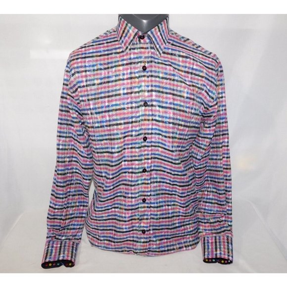 Franco Negretti Montreal Mens Medium Pink Blue Black Plaid Button Front Shirt - Picture 1 of 12